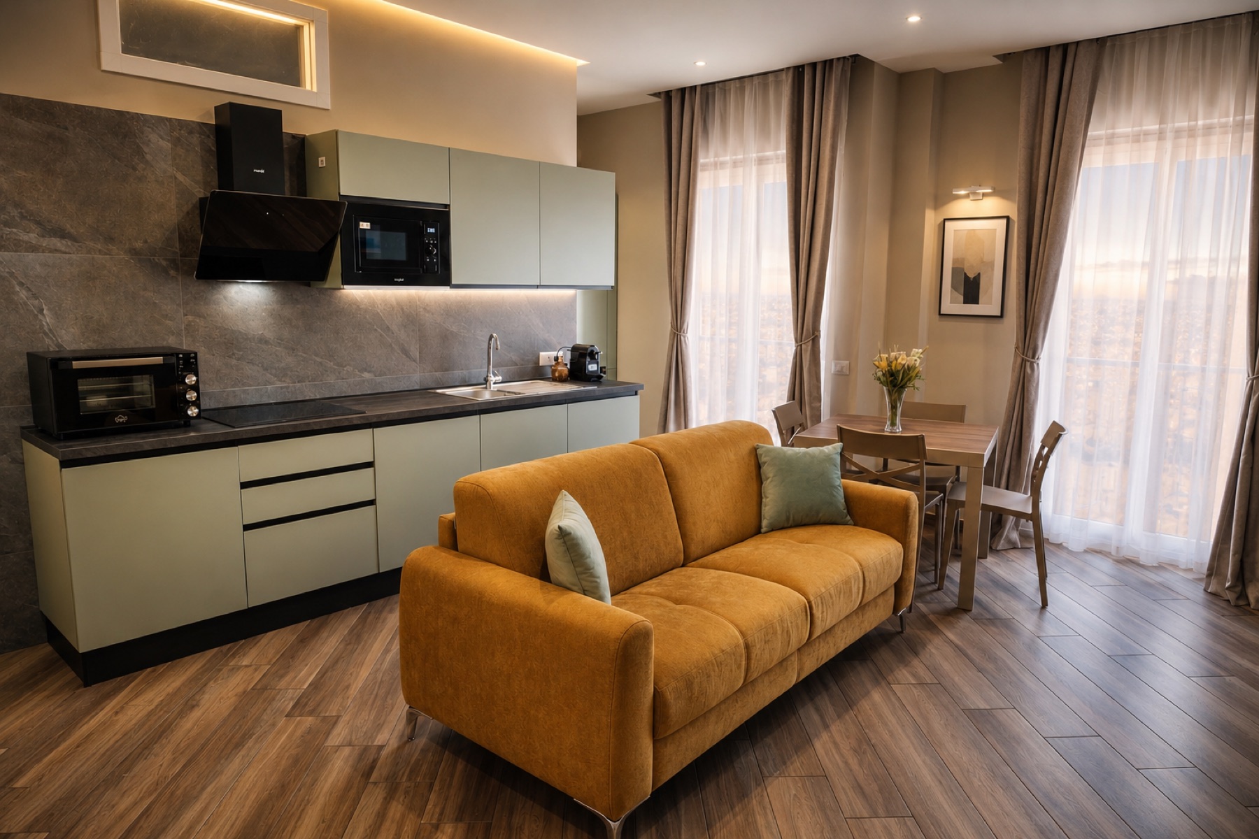 Open space con cucina e soggiorno luminosi